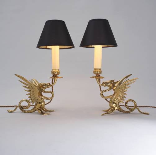 Antique pair Arts & Crafts candlestick table lamps, Welsh dragons, brass, 1890`s ca, English